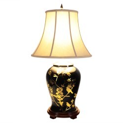Black and Gold Asian Lamp With Floral Painting Large 31"H Size