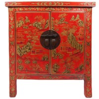 Red Lacquer Chest With Golden Painted Landscape