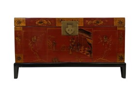 45" Antique Lucky Chinese Red Trunk Hand Painted Lacquer On Solid Pine