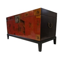 45" Antique Lucky Chinese Red Trunk Hand Painted Lacquer On Solid Pine