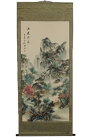 Oriental Silk Scroll with Hand Painted Mountain Village Scene 69"H