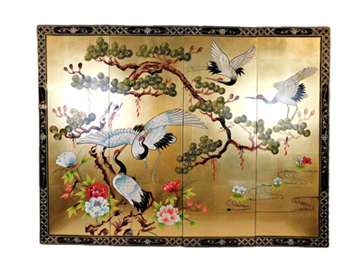 Wall Hanging Hand Painted Cranes And Pine Tree