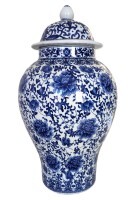 Chinese Blue and White Temple Jar with Chrysanthemum Painting 25"H