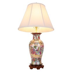 Elegant Rose Medallion Table Lamp Handpainted with Rosewood Stand