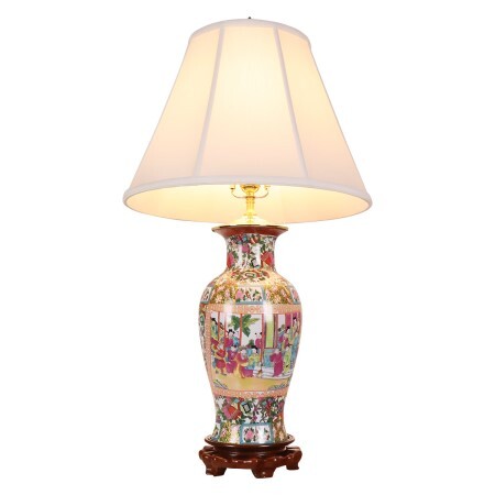 Elegant Rose Medallion Table Lamp Handpainted with Rosewood Stand