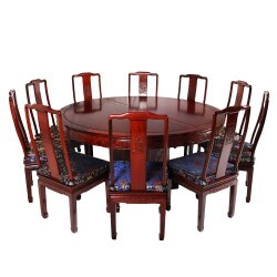 Round Asian Rosewood Dining Room Table with Bird and Flower Carving