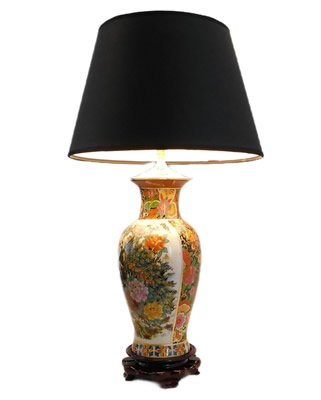Japanese Satsuma Peacock Lamp with Black Shade