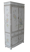 Oriental White Lacquer Armoire Hand Painted Floral