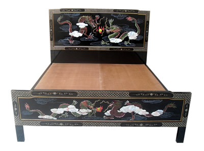 Bed in Black Lacquer with Mother of Pearl Hand Painted Dragons