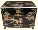 27"w. Hand Painted Black Lacquer Oriental Trunk with Drawer and Tray