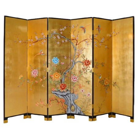 Six Panel Hand Painted Room Divider Over Gold Leaf