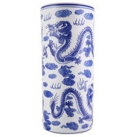 Oriental Porcelain Umbrella Stand with Blue and White Dragon