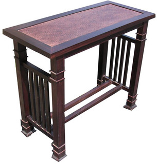 30?? Stately solid rosewood Asian Mission style sofa table with rattan top.