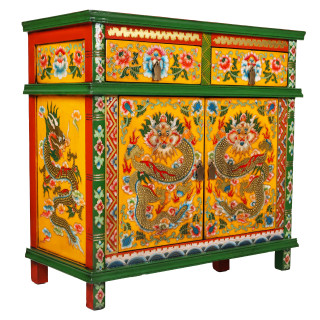 Tibetan Hall Cabinet Hand Painted Dragons 37" W