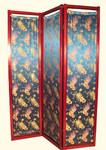 Three panel 72 inch tall Shoji screen, covered in turquoise wisteria design fabric.