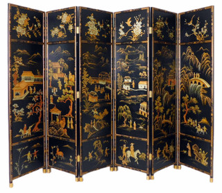 Oriental Folding Wooden Screen Chinese Landscape Painting - 6 Panels