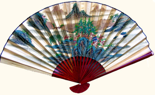 35 inch high gold fan with mountain landscape
