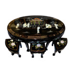 48  inch Oriental Tea table, inlaid pearl, six stools & glass top at import direct pricing.
