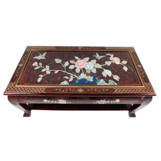 Asian Coffee Table with Shelf and Inlaid Mother of Pearl in French Red 40"W