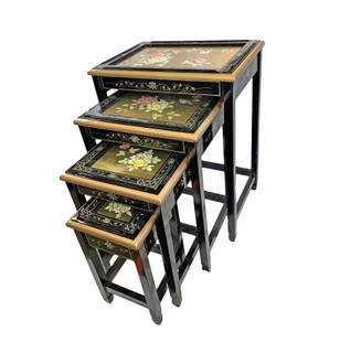 Set of Four Oriental Nested Tables Hand Painted Bird and Flower on Gold Leaf Panels with Glass Top and Drawer