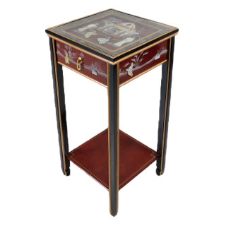Red Oriental Stand with Drawer, Shelf and Glass Top