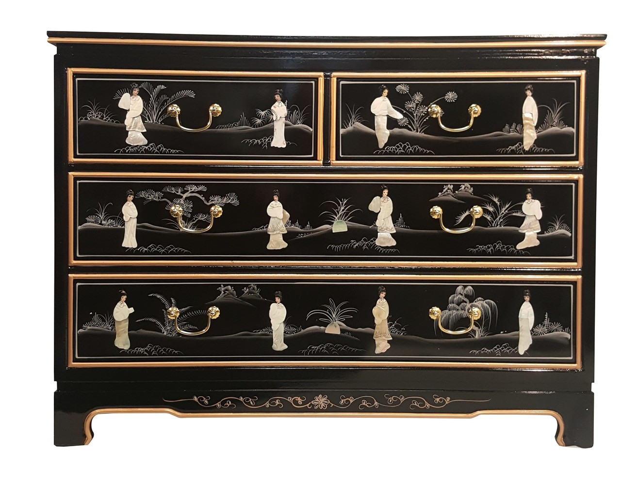 Black Lacquered Oriental Dresser With 4 Drawers In High Gloss