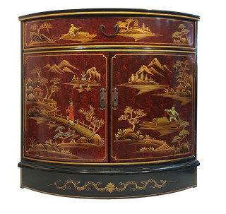 Oriental Corner Cabinet Hand Painted Red and Black & Gold Landscape