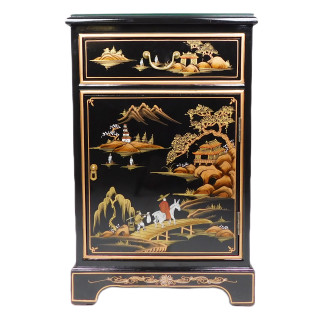 Black Lacquer Oriental End Table With Landscape Painting