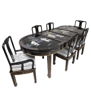 Black Lacquered With Mother Of Pearl Oriental Dining Table Set