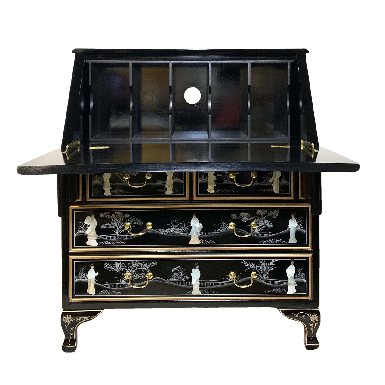 Oriental Writing Desk Drop Front Secretary Desk Handcaved Pearl