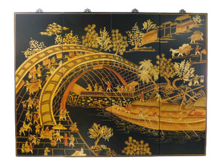 48" Wide Hand Painted River Town Oriental Wall Panels in Black