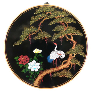 Round Oriental Wall Panel Hand Painted In Cranes Design