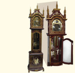 90  inches  high.Chinese Grandfather Clock in French red, inlaid pearl, beveled glass, German works..