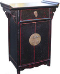 21  inch H. Antique Black lacquer Oriental Cabinet with drawer and two doors. Solid Elmwood & Big brass.