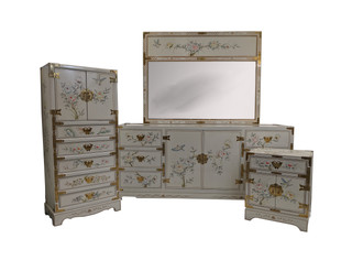 5-Piece Hand Painted Oriental Bed Room Set With Brass Hardware