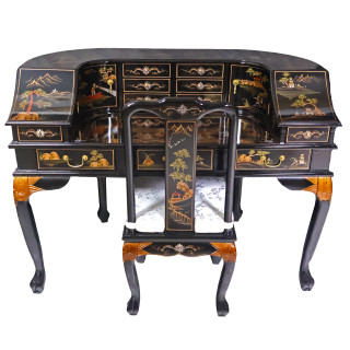 Black Lacquer Oriental Desk with Hand Painted Chinoiserie Landscape