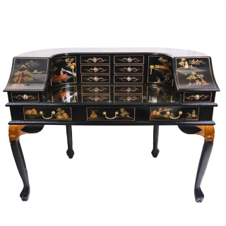 Black Lacquer Oriental Desk with Hand Painted Chinoiserie Landscape
