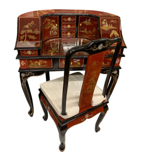 Red Lacquer Oriental Desk with Hand Painted Chinoiserie Landscape