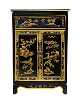 Oriental Shoe Cabinet Painted Landscape On Antique Black Finish