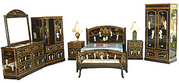 Oriental Bedroom Set 8 Pc Shiny Black Mother Of Pearl Inlaid Silver Ladscape Handpainting And Glass Topsincluded Oriental Furnishings Furniture Decor