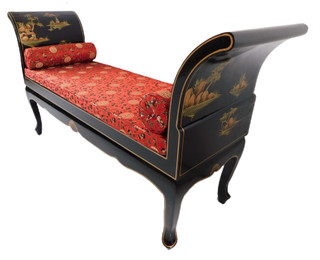 Hand Painted Oriental Bench in Japanese Black Lacquer with French Legs - 60" W