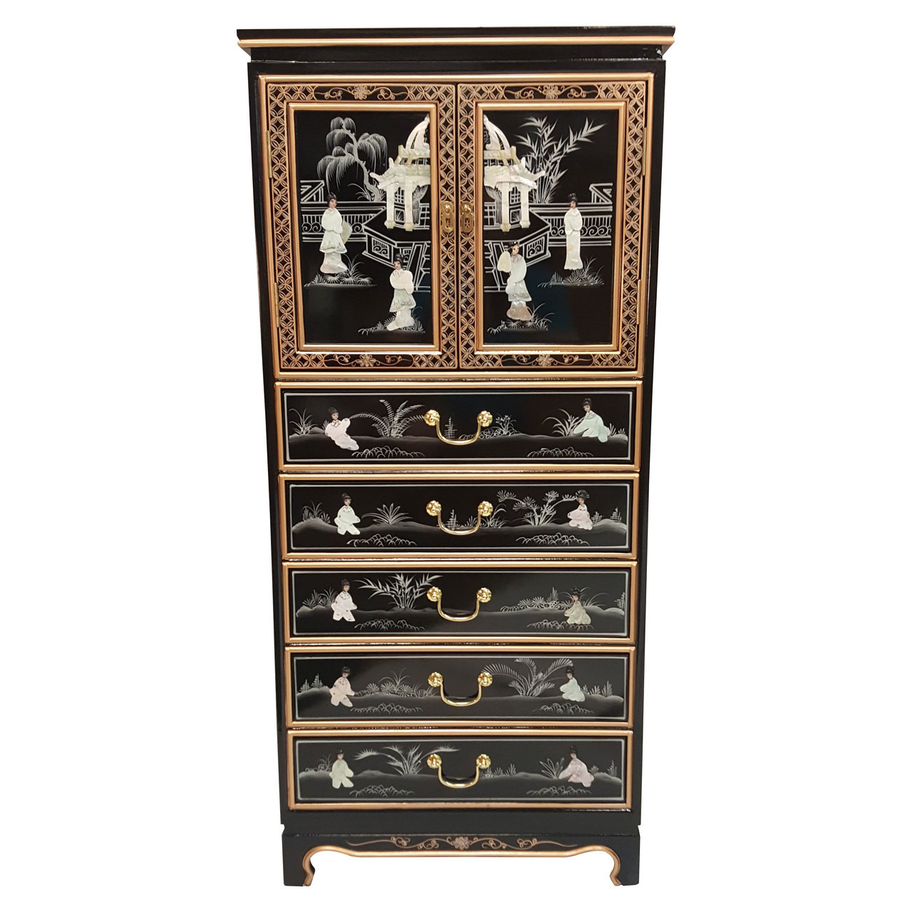 Oriental Lingerie Chest In Black Lacquer With Hand Painted Finish