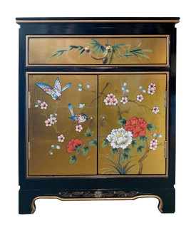 Oriental Shoe Cabinet End Table With Hand Painted Bird and Flower Design in Black and Gold Leaf