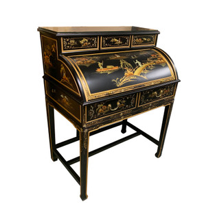 37"  Wide Shiny Black Oriental Lacquerware Roll Top Desk