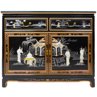 40" Wide Oriental Buffet With Chinese Lacquer Finish and Pearl Inlay in Black