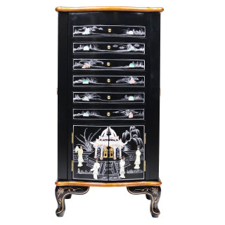 39" Oriental Jewelry Armoire Black Lacquer and Inlaid