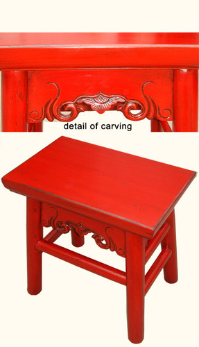 Chinese stool in lipstick red lacquer with hand carving made of solid reclaimed lumber.