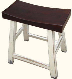 19  inch H. Solid Elm wood oriental stool painted Antique White has an elegant moon shaped seat with foo