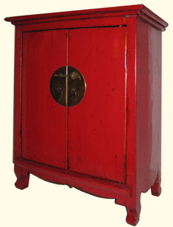 Red Shanxi Elmwood 19  inch H. Oriental Cabinet carved apron, brass hardware with shelf at import direct