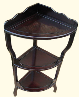 Oriental corner shelf is made of mahogany in deep rich red stain. Import direct pricing.
